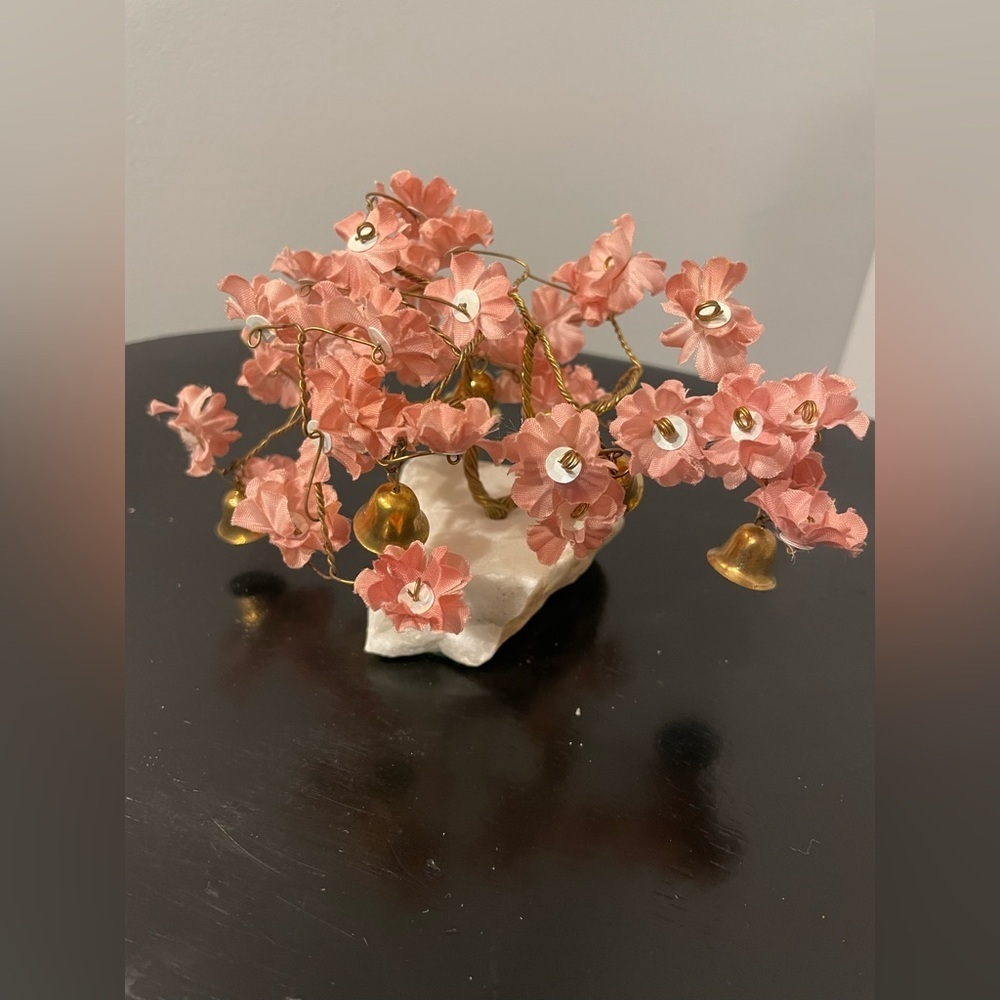 VTG Prosperity Tree Brass bells & light pink Fabric Flowers w/marble Base
